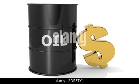 Eine 3D-Darstellung eines schwarzen Rohölfass Mit goldenem Dollarzeichen isoliert auf weißem Hintergrund Stockfoto