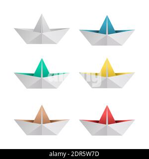 Papierboot-Set. Origami Papierboot. Sammlung von sechs gefalteten Papierbooten. Papierschiff. Verschiedene Farben. Isoliert auf weißem Hintergrund. Vektor Stock Vektor