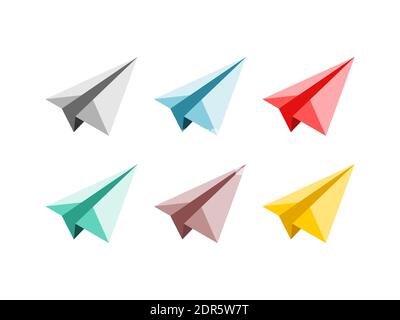 Papierebene eingestellt. Origami-Papierflächen. Sammlung von sechs gefalteten Papierflugzeugen. Handgefertigtes Papier. Flugzeugsymbol. Verschiedene Farben. Isoliert auf Weiß Stock Vektor