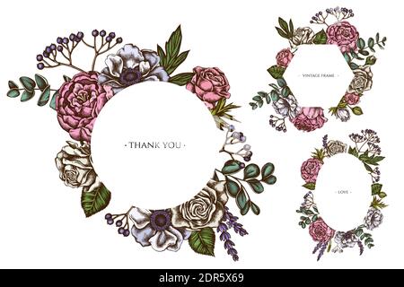 Blumenrahmen mit farbigen Rosen, Anemone, Eukalyptus, Lavendel, Pfingstrose, Viburnum Stock Vektor