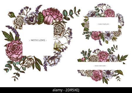 Blumenrahmen mit farbigen Rosen, Anemone, Eukalyptus, Lavendel, Pfingstrose, Viburnum Stock Vektor