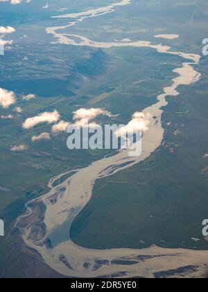 Isländische Landschafts-Luftaufnahmen aus touristischen Flugzeugen. Stockfoto