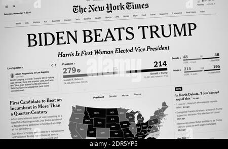 Ein Computer-Screenshot der Website der New York Times am 7. November 2020, der erklärt, dass Joe Biden Donald Trump bei der US-Präsidentschaftswahl geschlagen hat. Stockfoto