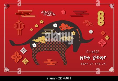 Chinesisches Neujahr 2021, Jahr des Ochsen. Chinesisches Sternzeichen Symbol. Glückliches chinesisches Neujahrsbanner und Gruß Stock Vektor