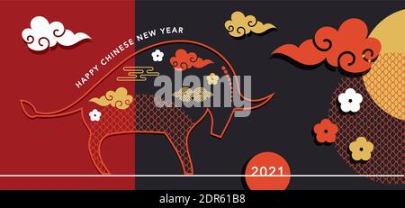 Chinesisches Neujahr 2021, Jahr des Ochsen. Chinesisches Sternzeichen Symbol. Glückliches chinesisches Neujahrsbanner und Gruß. Übersetzung Frohes Neues Jahr Stock Vektor