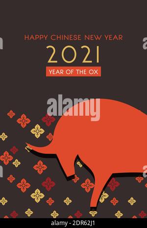 Chinesische Neujahrskarte mit nahtlosem Muster. Illustration eines roten Stiers auf einem traditionellen Ornament. Glückliches neues Jahr, 2021 , Jahr des Ochsen. Stock Vektor