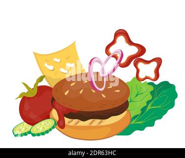 Burger oder Hamburger mit Gemüse und Käse, flache Stil Vektor-Illustration isoliert. Stock Vektor