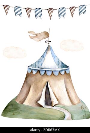 Niedliches Zelt handgezeichnet Aquarell Cartoon Zirkus isoliert Illustration auf Weißer Hintergrund Stockfoto