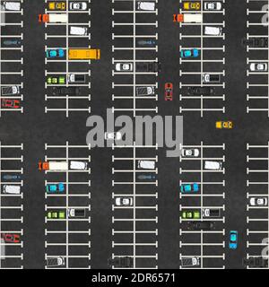 Draufsicht auf den Parkplatz mit vielen realistisch glänzenden Autos auf Asphalt, nahtloses Muster Stock Vektor