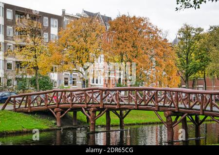 Rotterdam, Niederlande, 12. Oktober 2020: Fußgängerbrücke aus großen Ästen und Baumstämmen, über den Heemraadssingel Kanal im Herbst Stockfoto