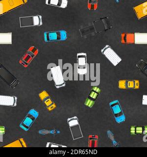 Draufsicht auf realistische glänzende Autos auf Asphalt, nahtlose Muster Stock Vektor