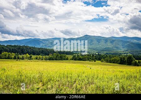 Blick vom Cades Cove Scenic Loop Trail, einem beliebten Ziel im Great Smoky Mountains National Park in der Nähe von Gatlinburg, Tennessee. Stockfoto