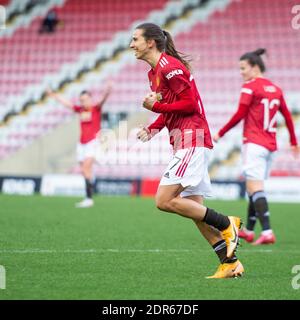 Leigh, Großbritannien. Dezember 2020. Tobin Heath von Manchester United feiert nach seinem fünften Tor während des FA Women's Super League-Spiels im Leigh Sports Village, Leigh Bild von Matt Wilkinson/Focus Images Ltd /Sipa USA 20/12/2020 Kredit: SIPA USA/Alamy Live News Stockfoto