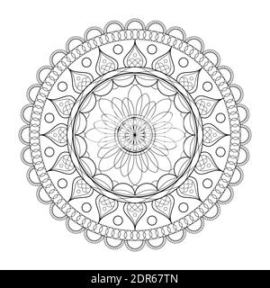 Linienvektor für Mandala-Rahmen. Ein symmetrisches monochromes rundes Ornament. Stock Vektor