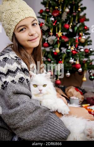 Ein Mädchen sitzt neben dem Weihnachtsbaum mit einer schönen weißen Perserkatze. Stockfoto