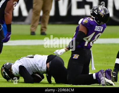 Baltimore, Usa. Dezember 2020. Patrick Queen (48), Linebacker von Baltimore Ravens, reagiert nach dem Absacken des Jacksonville Jaguars Quarterback Gardner Minshew II (15) in der ersten Hälfte des M&T Bank Stadium in Baltimore, Maryland, am Sonntag, den 20. Dezember 2020. Foto von David Tulis/UPI Credit: UPI/Alamy Live News Stockfoto