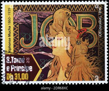 Anzeige gemalt von Alfons Mucha auf Briefmarke Stockfoto