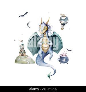 Magische Fee grünen Drachen Elemente und Zeichen. Hand gezeichnet Aquarell Cartoon Set Abenteuer Kind Illustration in weißem Hintergrund Stockfoto