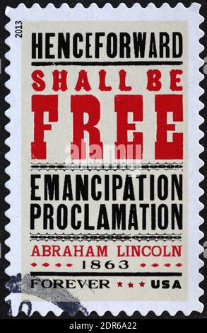 Emanzipation Proklamation herausgegeben von Abraham Lincoln auf Briefmarke Stockfoto