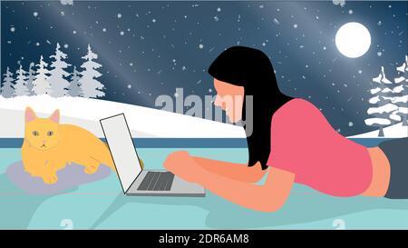 Gemütlicher Winteraufenthalt zu Hause. Freiberuflicher Mitarbeiter, der zu Hause arbeitet. Innenarbeitsbereich editierbare Vektordarstellung. Stock Vektor