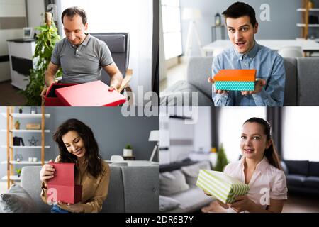 Glückliche Menschen Erhalten Geschenk-Box-Paket In Online-Party-Feier Stockfoto