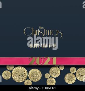 Winterurlaub 2021 Karte. Neujahr Weihnachtskarte Gold Ziffer 2021, Weihnachten rosa Ornament, Gold Text Frohe Weihnachten Frohe Weihnachten Frohes Neues Jahr auf blauem Hintergrund. 3D Stockfoto