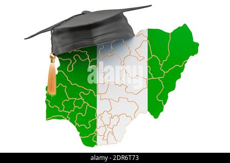 Bildung in Nigeria Konzept. Nigerianische Karte mit Graduiertenkappe, 3D-Rendering isoliert auf weißem Hintergrund Stockfoto