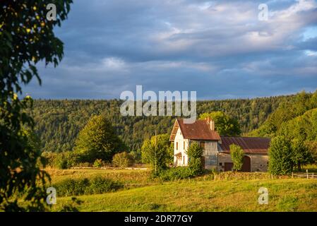 Blick auf das Dorf Monnet la Ville in Jura, Frankreich Stockfoto