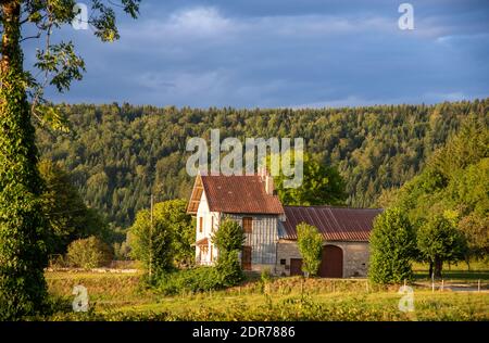 Blick auf das Dorf Monnet la Ville in Jura, Frankreich Stockfoto