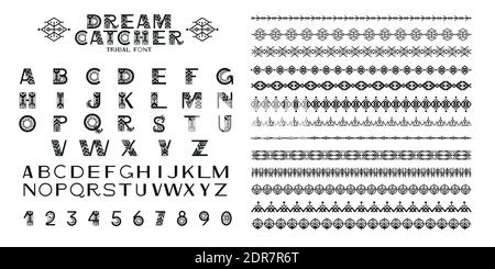 Tribal Alphabet und Ornamente. Buchstaben und Symbole im geometrischen ethnischen Stil. Azteken und indianer Stoffstil. Vektorgrafik Stock Vektor