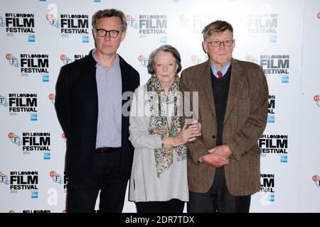 Alex Jennings, Maggie Smith und Alan Bennett, die am 13. Oktober 2015 im Claridge's Hotel in London, Großbritannien, die Lady in der Van-Fotozelle im Rahmen des 59. BFI London Film Festival besuchen. Foto von Aurore Marechal/ABACAPRESS.COM Stockfoto