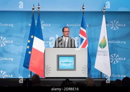 Francois Hollande.der französische Präsident Francois Hollande hält eine Rede während der Konferenz über den Polarkreis im Harpa-Zentrum. Reykjavik, ISLAND--16/10/2015 Stockfoto