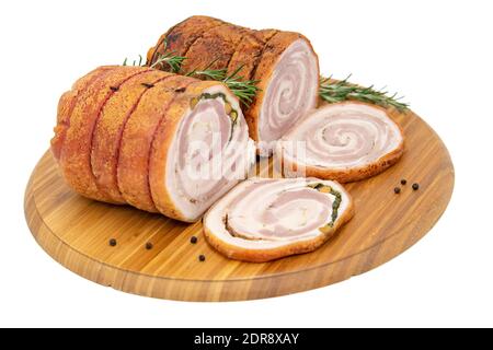 Hausgemachte gewalzte Porchetta Braten mit verschiedenen Kräutern Stockfoto