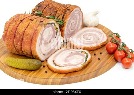 Hausgemachte gewalzte Porchetta Braten mit verschiedenen Kräutern Stockfoto