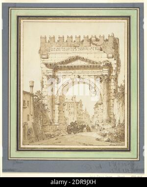 Künstler: Louis-François Cassas, französisch, 1756–1838, Augustusbogen, Rimini, Stift, Pinsel und braune Tusche und braune Wäsche auf geblasenem Papier auf Karton, 27.5 × 22.5 cm (10 13/16 × 8 7/8 Zoll), französisch, 18. Jahrhundert, Arbeiten auf Papier - Zeichnungen und Aquarelle Stockfoto