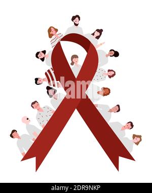 Menschen um rotes Band Bewusstsein Solidarität Überlebende hiv AIDS Tag Mit flacher Optik Stock Vektor