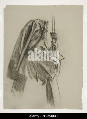 Künstler: Edwin Austin Abbey, amerikanisch, 1852–1911, M.A., 1897, Figurenstudie zur Knight of Sir Galahad, aus der Suche nach dem Heiligen Gral (eine Serie von 15 Gemälden für die Boston Public Library, fertiggestellt 1901), Schwarze Kreide, hellbraun verlegt, 61.7 × 47 cm (24 5/16 × 18 1/2 in.), Hergestellt in den Vereinigten Staaten, Amerikaner, 19. Jahrhundert, Werke auf Papier - Zeichnungen und Aquarelle Stockfoto