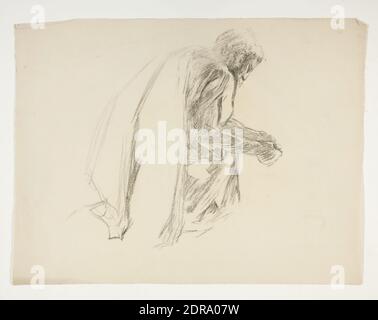 Künstler: Edwin Austin Abbey, Amerikaner, 1852–1911, M.A., 1897, Figurenstudie für Sir Lancelot und Sir Bors Outfit Galahad mit seinen Sporen, aus der Suche nach dem Heiligen Gral (zweite einer Serie von fünfzehn Gemälden für die Boston Public Library, vollendet 1901), Schwarze Kreide, Creme gelegt, 47 × 61.7 cm (18 1/2 × 24 5/16 in.), hergestellt in den Vereinigten Staaten, Amerikaner, 19. Jahrhundert, Arbeiten auf Papier - Zeichnungen und Aquarelle Stockfoto