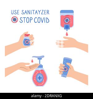 Hand Desinfektionsmittel Wand Cartoon-Set. Stoppen Virus covid, verwenden Menschen automatische Alkohol antiseptische Gel. Flachdesinfektionsdesinfektionsmittel, antiseptische Sammlung. Reinigung der Waschhand. Isolierte Vektordarstellung Stock Vektor