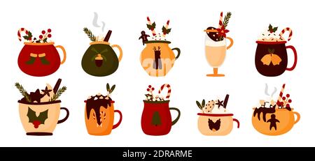 Flacher Becher Trinkset für Weihnachten. Warmer Urlaub Kakao mit Marshmallows, Tasse heiße Schokolade, Winterkaffee. Vintage New Year Kollektion von verschiedenen bunten Tasse mit Zuckerrohr isoliert Vektor-Illustration Stock Vektor