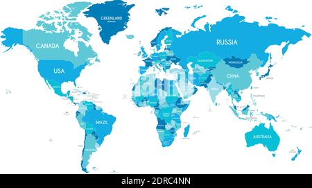Politische Weltkarte Vektor-Illustration mit verschiedenen Blautönen für jedes Land. Editierbare und klar beschriftete Ebenen. Stock Vektor