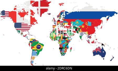 Politische Weltkarte Vektor-Illustration mit den Flaggen aller Länder. Editierbare und klar beschriftete Ebenen. Stock Vektor