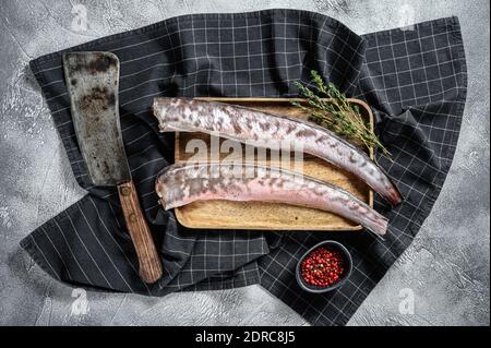 Roher Königsklip, Congrio Fisch mit Zutaten zum Kochen. Grauer Hintergrund. Draufsicht. Stockfoto