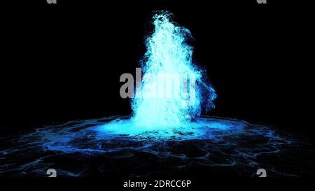 Magisches blaues Feuer isoliert im Dunkeln. 3d-Rendering. Stockfoto