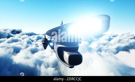 Futuristisches Science-Fiction-Schiff, das in den Wolken fliegt. 3d-Rendering. Stockfoto