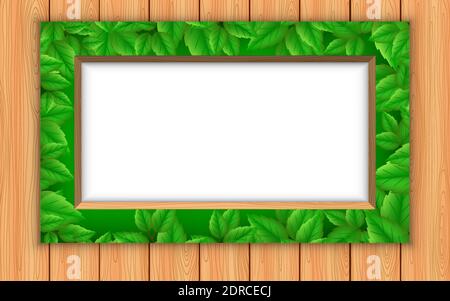 Grünes Blatt Bilderrahmen an der Holzwand Stock Vektor