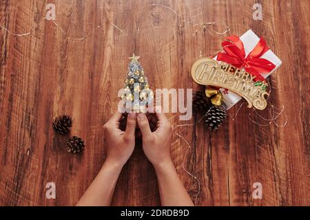 Hände mit kleinen geschmückten Weihnachtsbaum Stockfoto