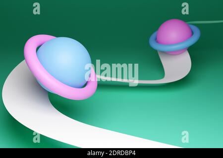 3d-Illustration Modell eines Sonnensystems mit umkreisenden Planeten mit Umlaufbahnen auf blauem Hintergrund. Einfache geometrische Formen. Stockfoto