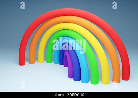 3d-Darstellung eines Regenbogen-Rundbogens auf grauem Hintergrund. Portal von langen aufblasbaren bunten Kugeln in das magische Land Stockfoto