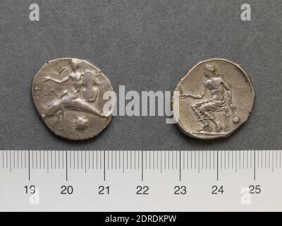 Münzstätte: Tarentum, Nomos von Tarentum, 470–425 v. Chr., Silber, 7.69 g, 23.5 mm, hergestellt in Tarentum, Kalabrien, griechisch, 5. Jh. v. Chr., Numismatik Stockfoto